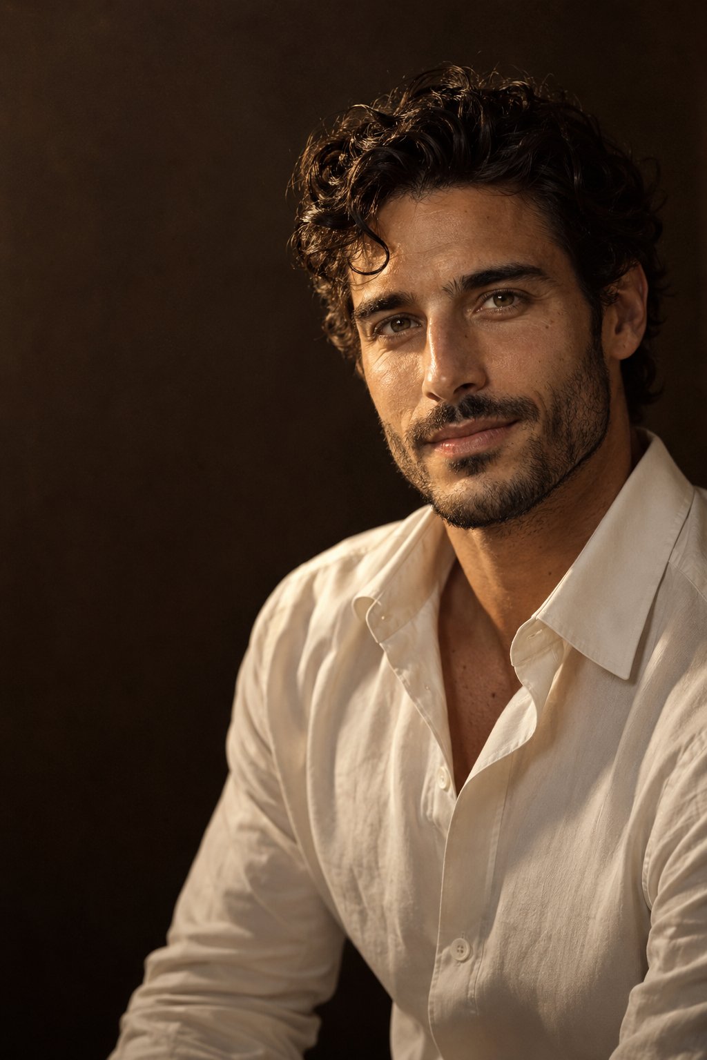 Elias, avatar fictif au regard chaleureux, en chemise ivoire