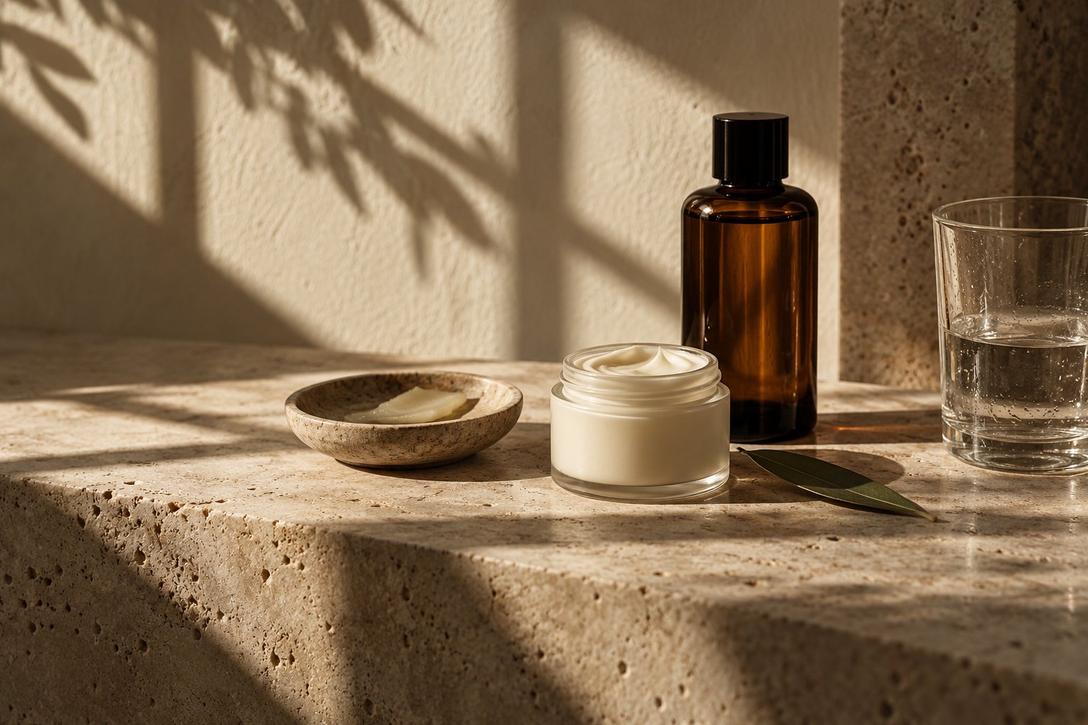 Nature morte de matières de soin : flacon ambré, crème et eau sur une pierre éclairée par le soleil